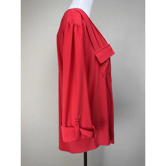 Ava & Grace Sz 1X Solid Red Stretch Knit Rolled Tab Popover Blouse Tunic Holiday - Picture 4 of 16